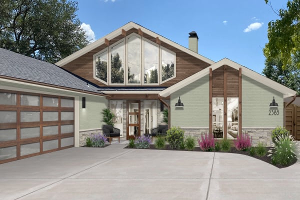 Midcentury modern home with wood cladding, large windows, and a paneled garage door.