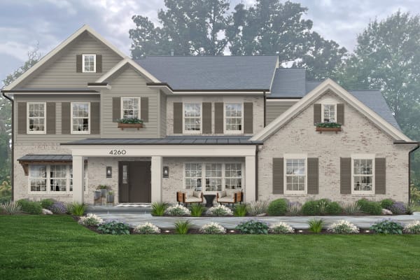 A rendering of a beautiful house exterior with a porch