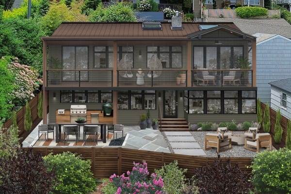 A rendering of a home with a spacious backyard with a dining table and fire pit