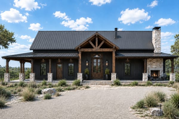 Modern ranch exterior design in Freer, Texas with charcoal siding, a dark metal roof, natural wood timbers, light stone, and drought-tolerant landscaping.