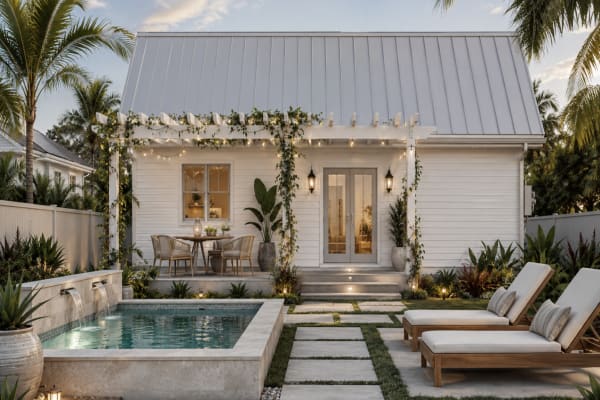 A cozy modern home with a lit pergola and a marble plunge pool.
