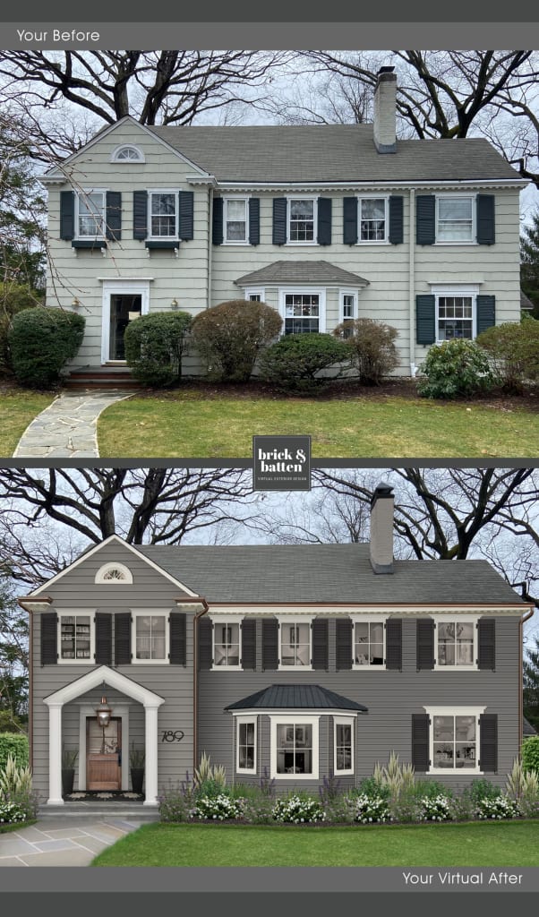 traditional home with dark gray siding, white trim, and black shutters