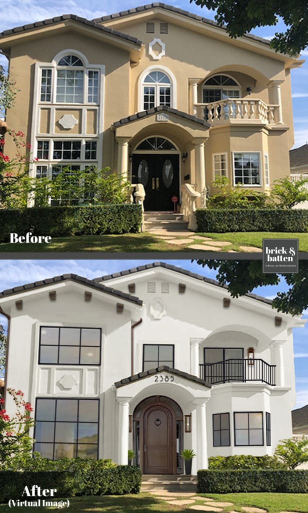 Before and after of a Spanish-style home painted white, with new windows and an updated small porch