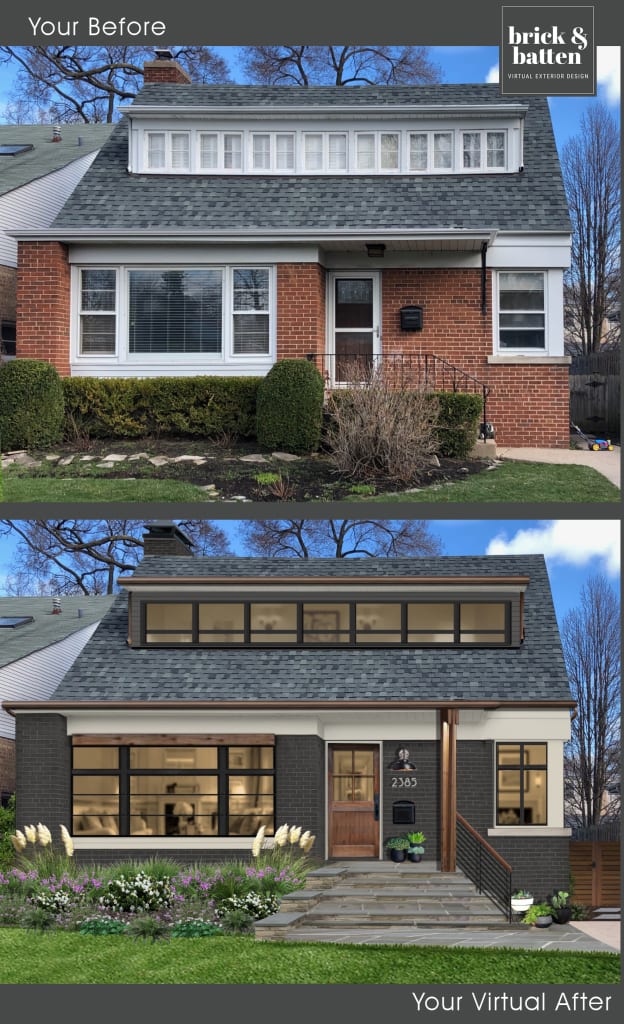 Before and after of an exterior virtual renovation where a bungalow-style home has been transformed by painting the exterior Benjamin Moore Iron Mountain. The trim has also been painted in the popular Benjamin Moore Revere Pewter color. With tiered stone steps and wooden accents, the home also has large windows.