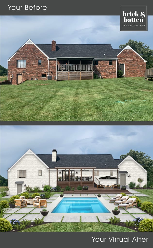 Rear exterior of a brick home painted white and rendered with a whole new backyard outdoor living area, complete with pool