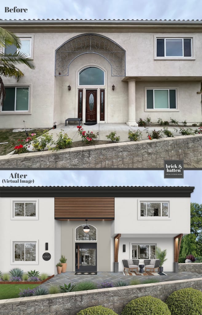 A before and after photo of a home with wood panels above the entrance