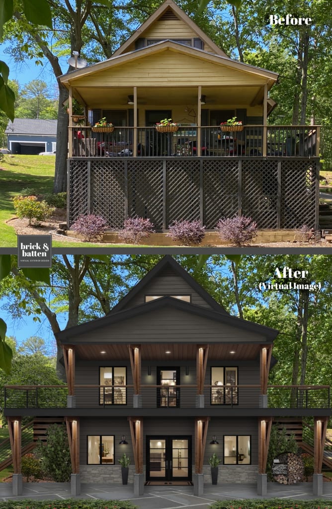 Before and after of a home painted in a near-black with a new deck and patio