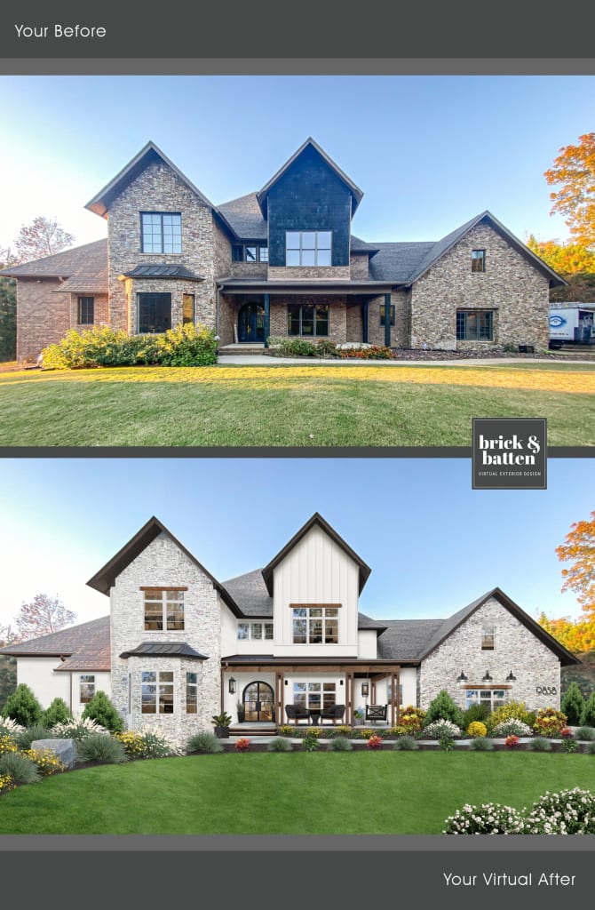 before and after two story stone modern farmhouse in white