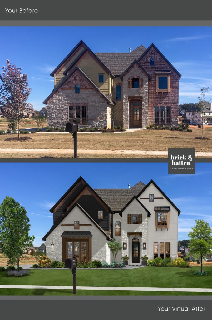 Before and after photos of a brick and stone home