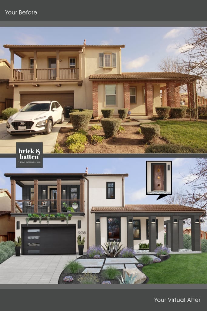 modern home with wooden accents and small square driveway pavers