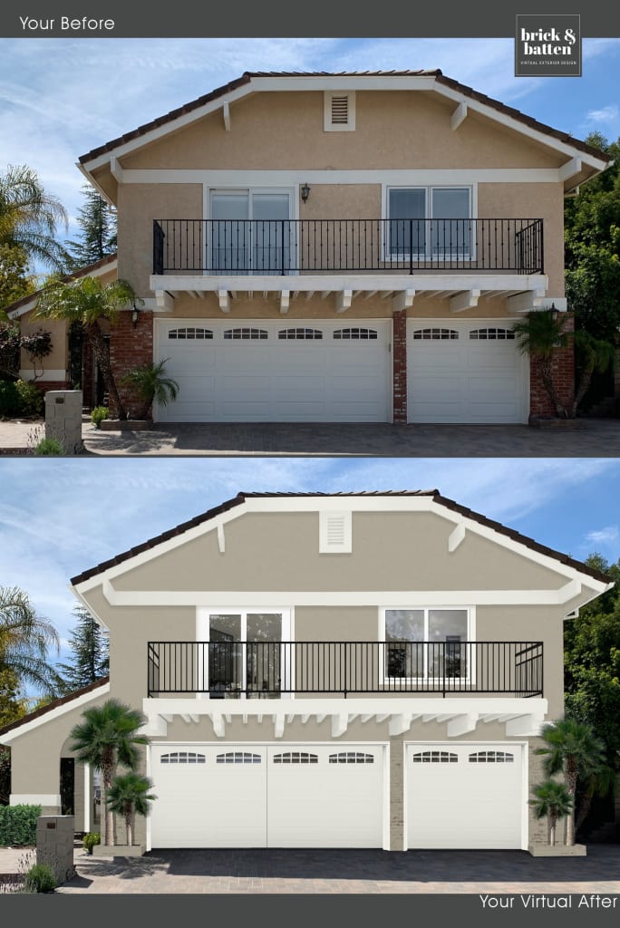 Before and after of a two-story stucco home with three-stall garage on lower level and warm neutral color palette
