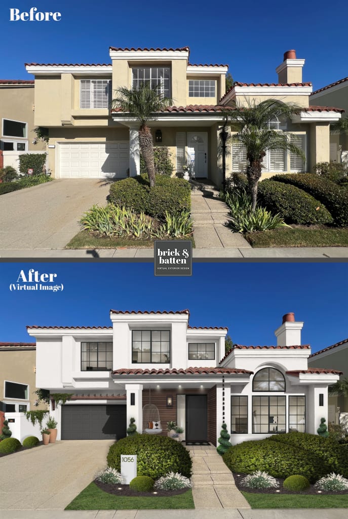 Before and after of a Mediterranean style home transformed with white paint and black windows.