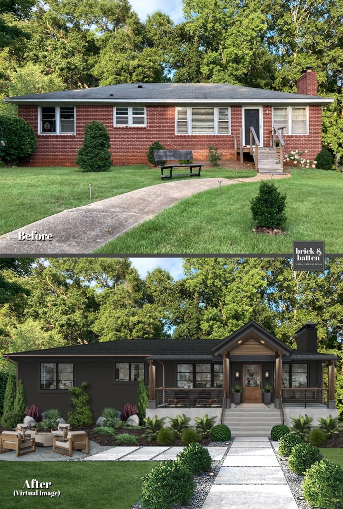 before-and-after rendering of a house with a firepit in the front yard