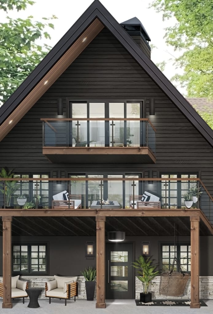 Tight view of a black a-frame house