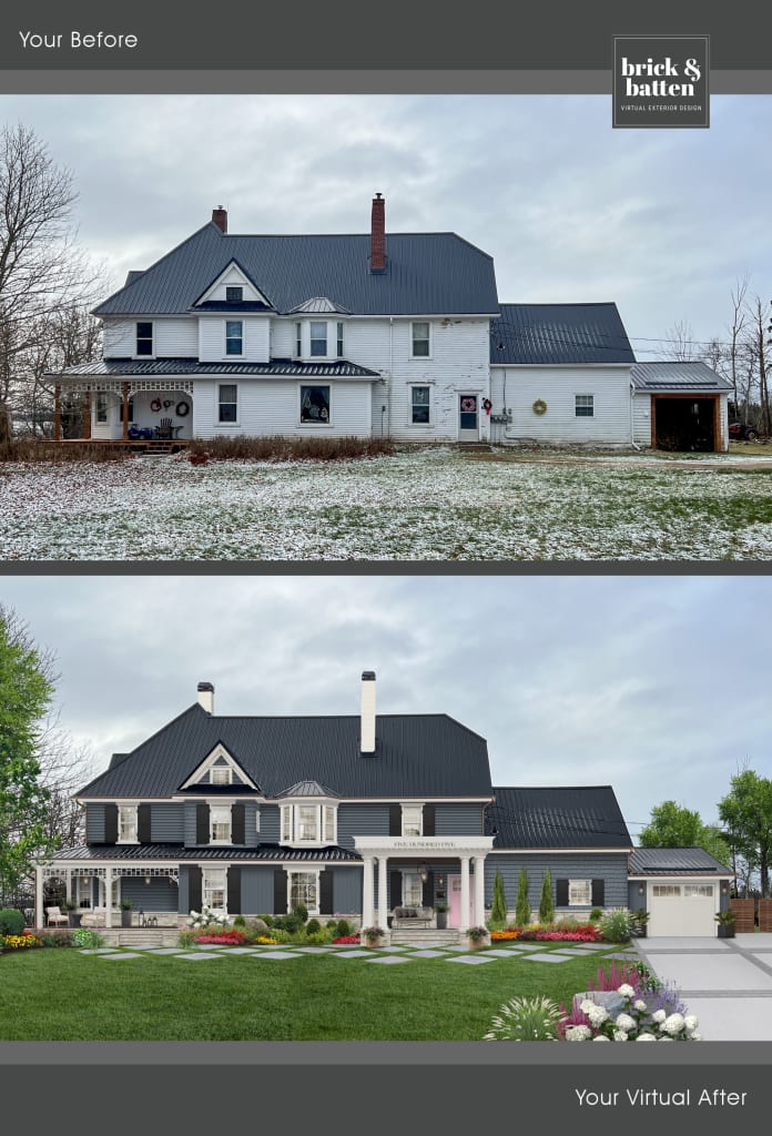 virtual rendering of an updated farmhouse with added gray and cream stone house skirting