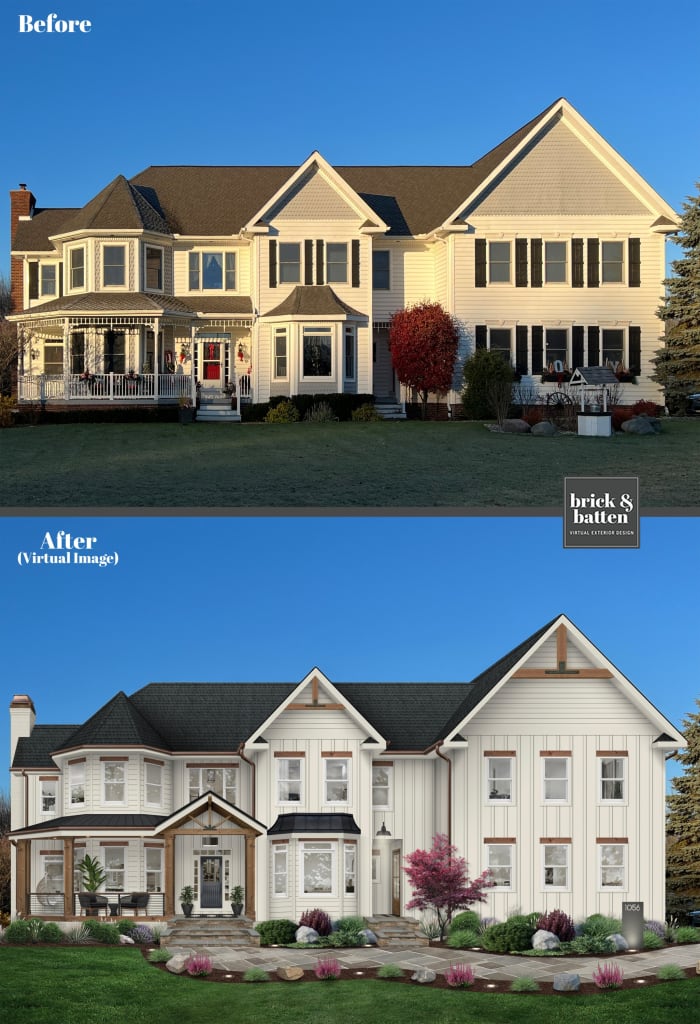 before and after rendering of a house with white siding, wood trim