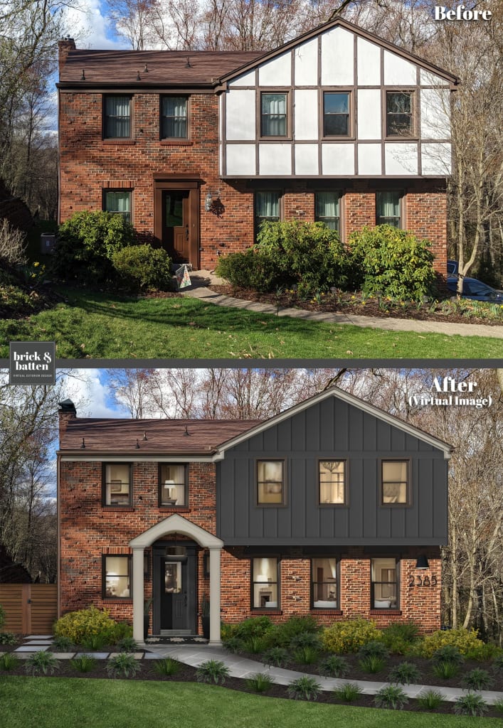 Before and after of a traditional two-story red brick home with a color blocked accent on the second story