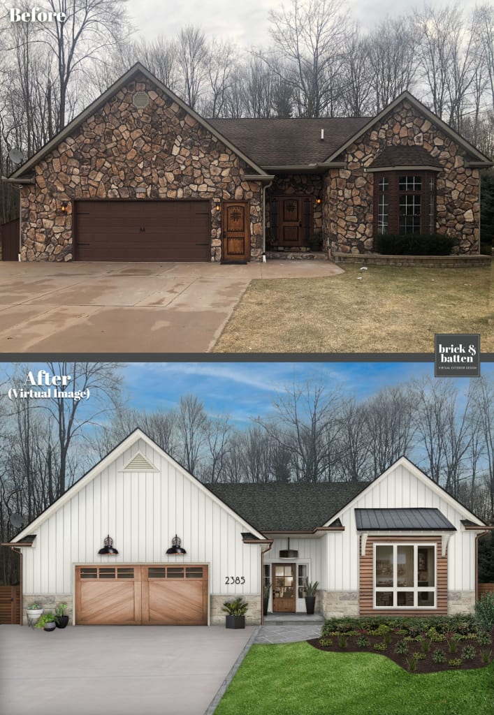 before and after of a fieldstone ranch home into an off-white farm house style ranch