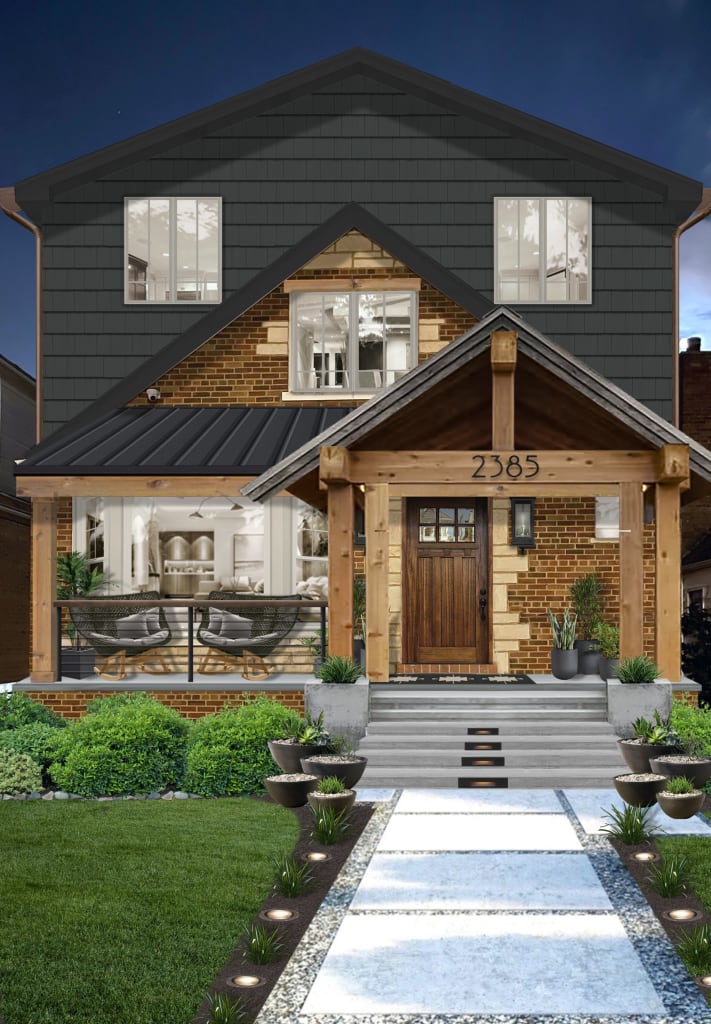 Benjamin Moore's Nightfall with natural brick on a two-story home