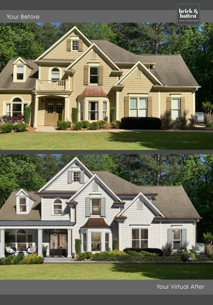 Before and after of a transitional home painted in Seapearl with Simply White trim and Sea Haze shutters