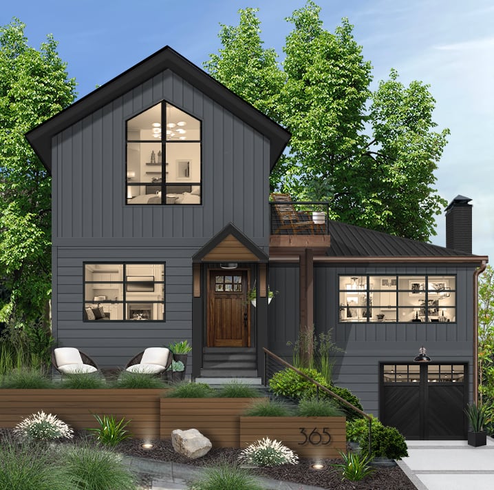 Digital rendering of a modern coastal home exterior with gray siding, picture windows, and warm wood and black accents.