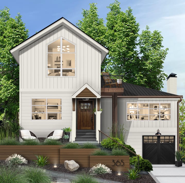 Digital rendering of a modern coastal home exterior with gray siding, picture windows, and warm wood accents.