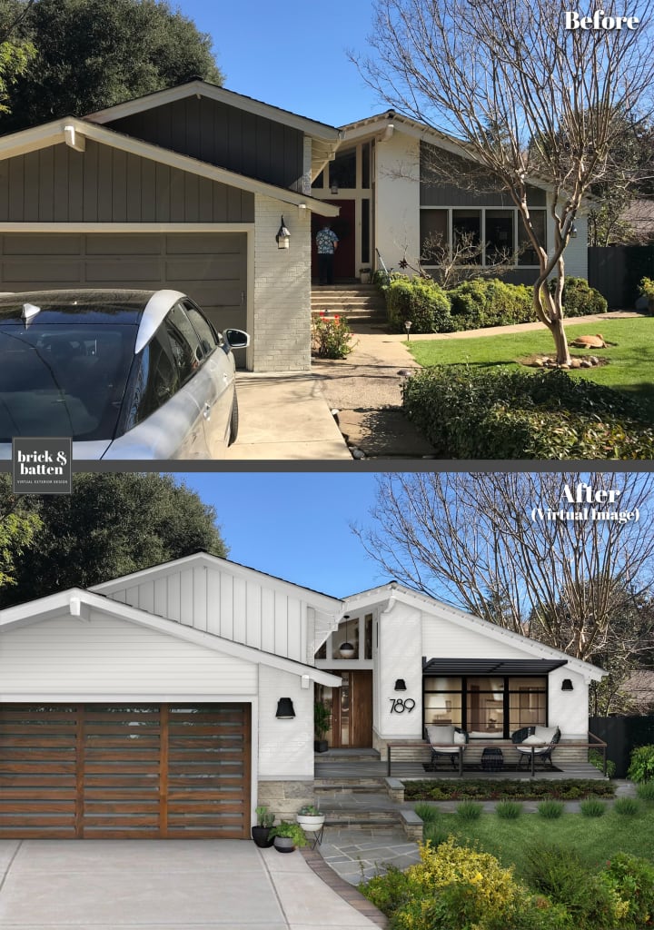Before and after of a mid-century modern contemporary ranch home painted in Seapearl with a slatted front porch awning addition