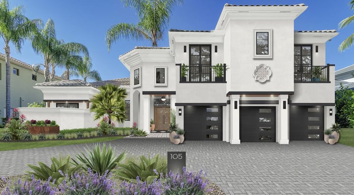 two-story white stucco home with black trim and accents, designed by brick&batten.