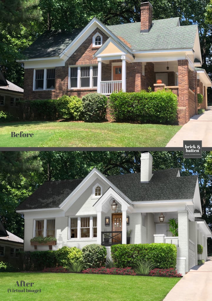 Before and after of a brick bungalow home rendered with the brick painted in Seapearl