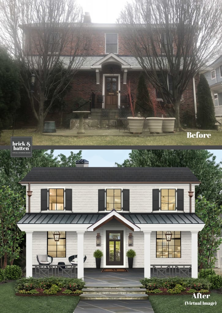 Before and after of a traditional home painted white with a new, extended front porch and a black front door