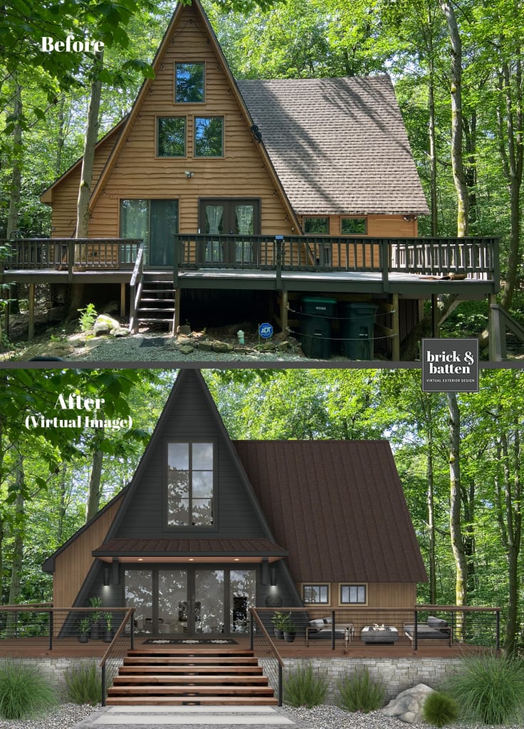 A before photo and rendering of a home with organic modern style