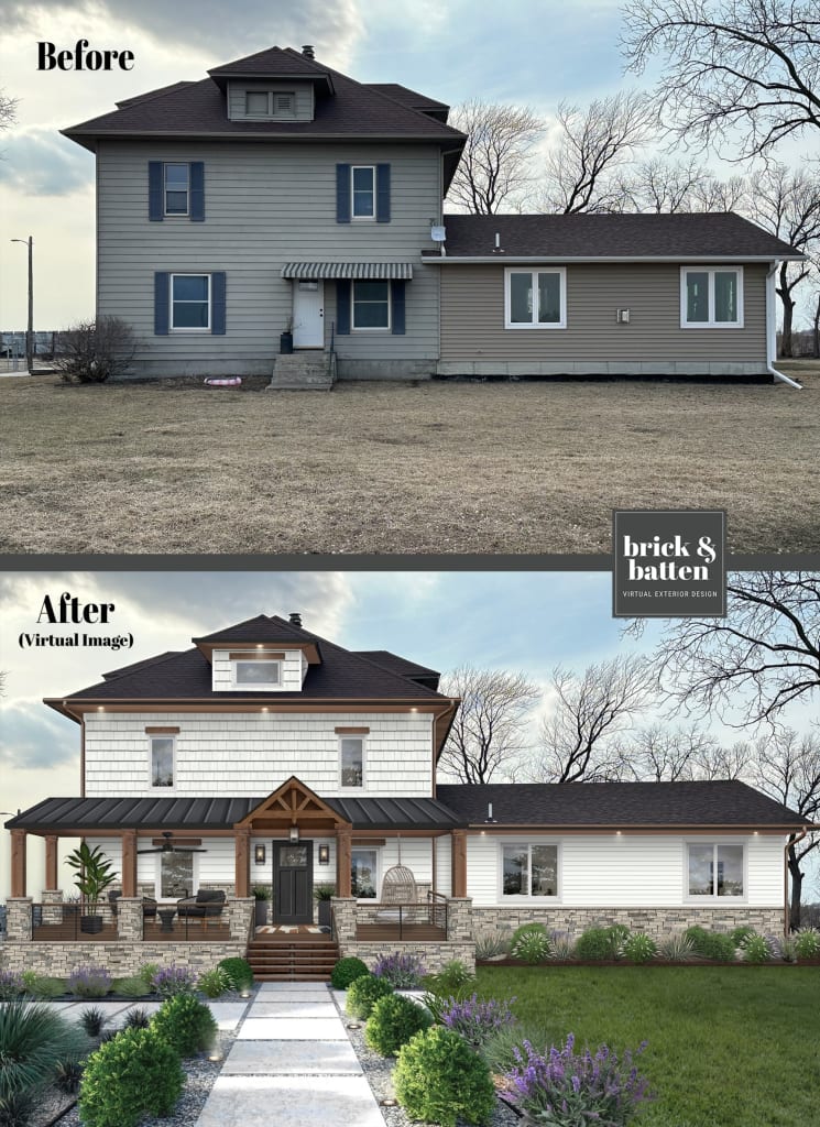Old farmhouse with a wrap around porch addition: front view