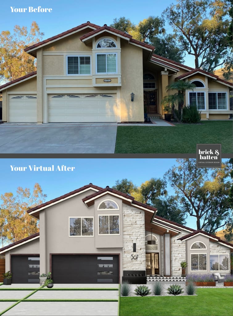 before and after modern house design with stone and stucco