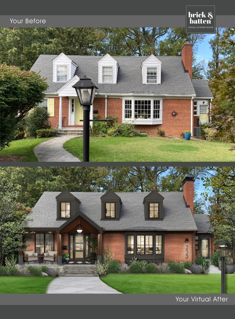 Before and after visualization of a modern Cape Cod house exterior with natural red brick and painted siding