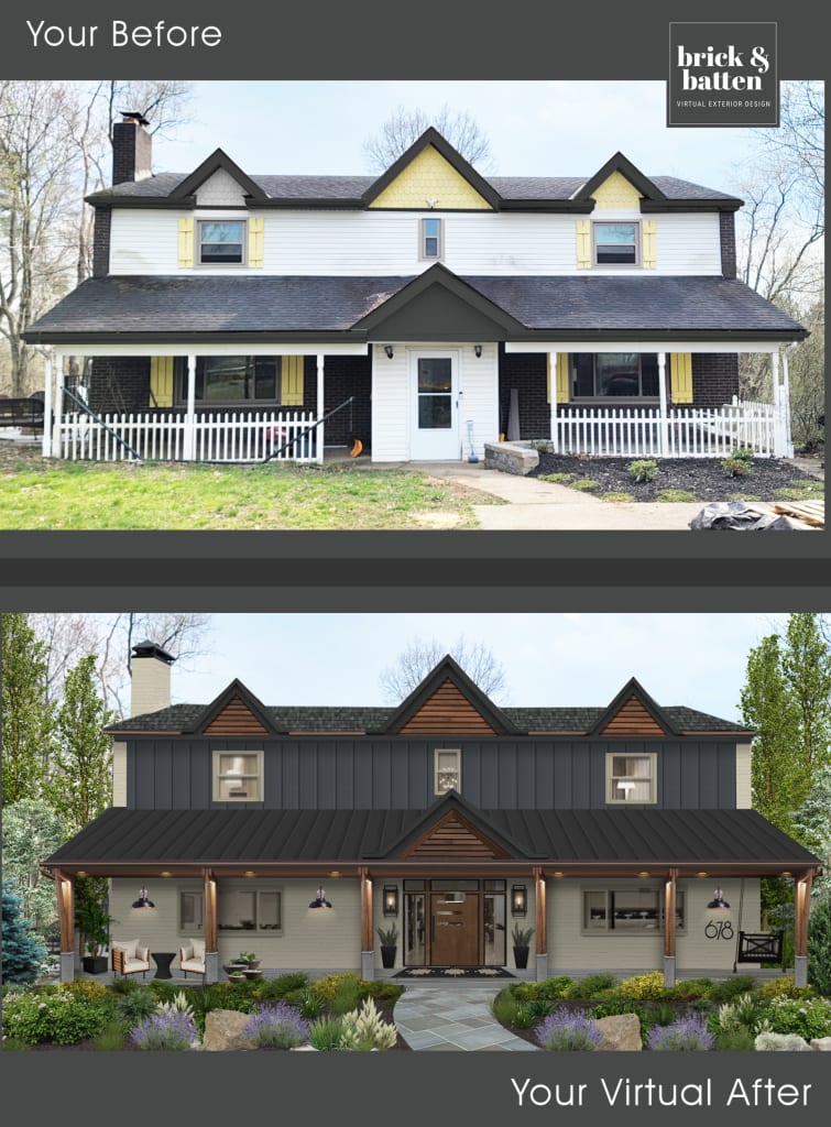 modern rustic home painted in raccoon fur farmhouse style with large porch