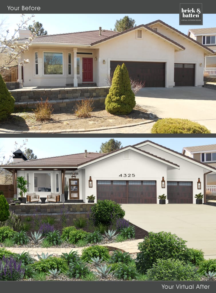 before and after of a spanish style ranch home painted white with brown wood garage