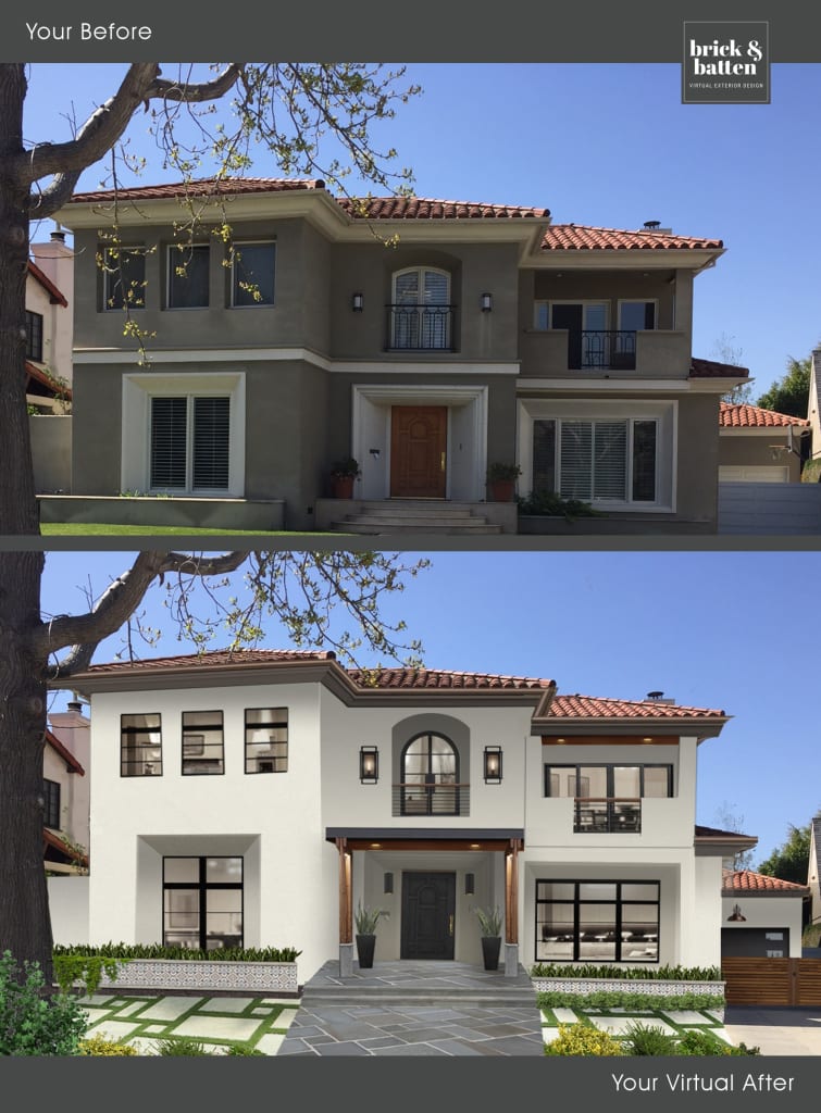 before and after of a two story spanish style home exterior with tile roof and arched center window