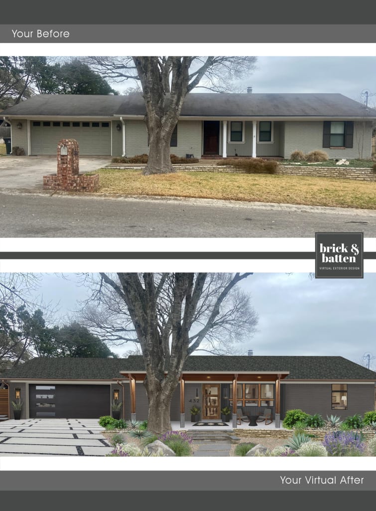 rustic modern ranch with large rectangular driveway pavers