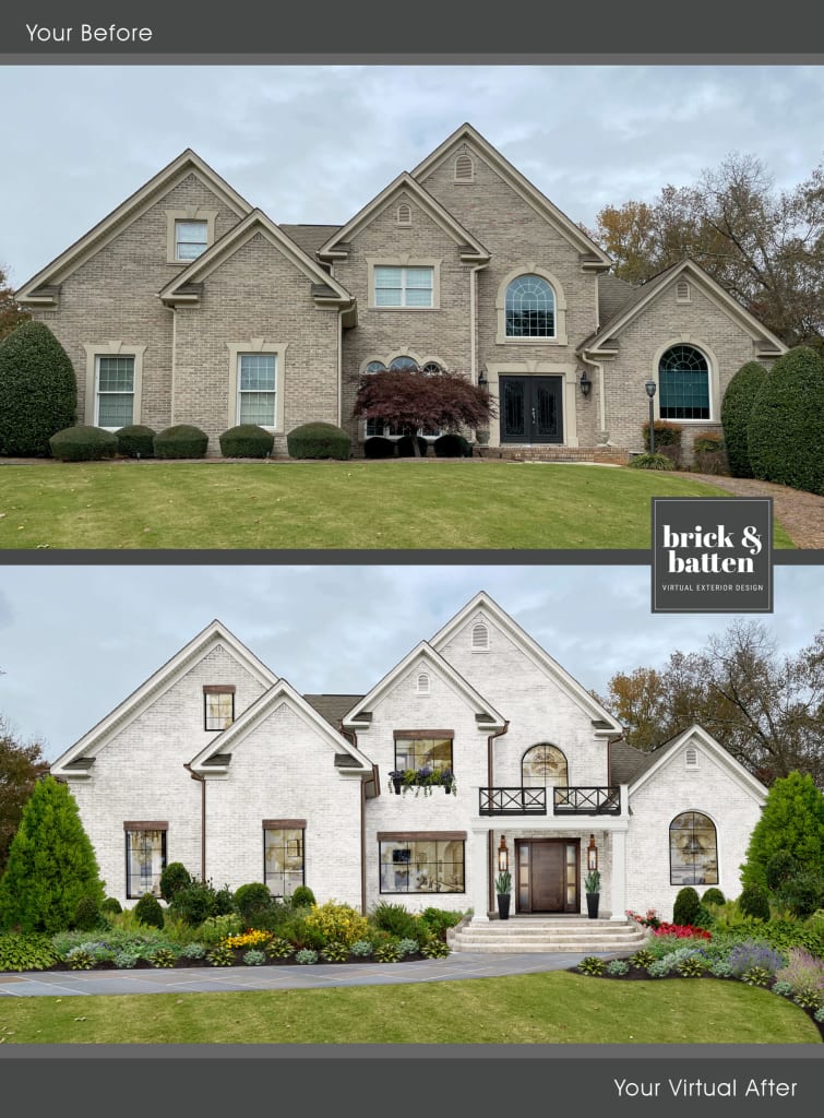 transitional brick home before and after of limewash and new windows