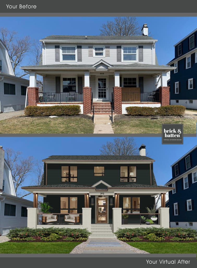 before and after of a blackish green craftsman house