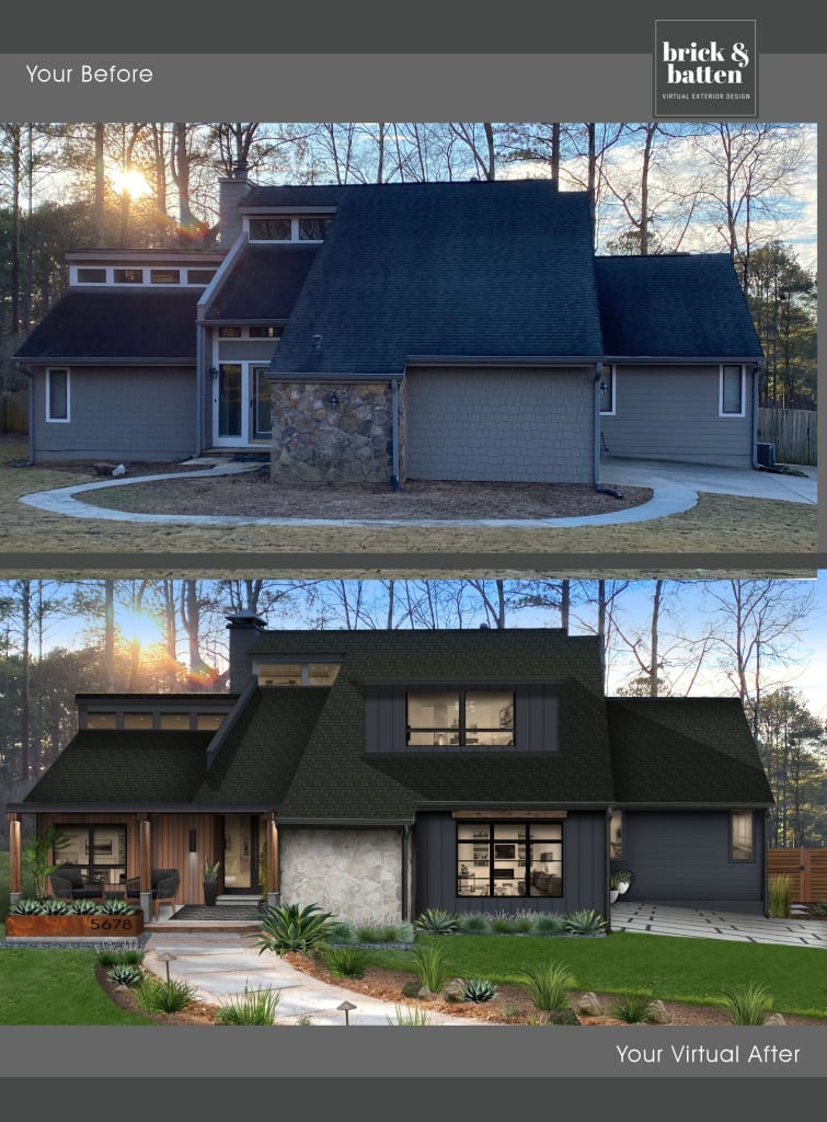 before and after of a contemporary home with a deep blueish charcoal exterior and natural elements for accents