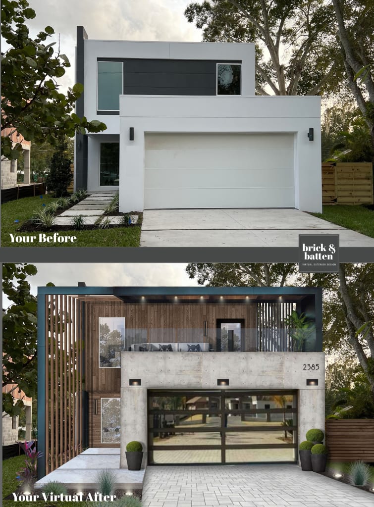 before and after of a contemporary home with an industrial vibe
