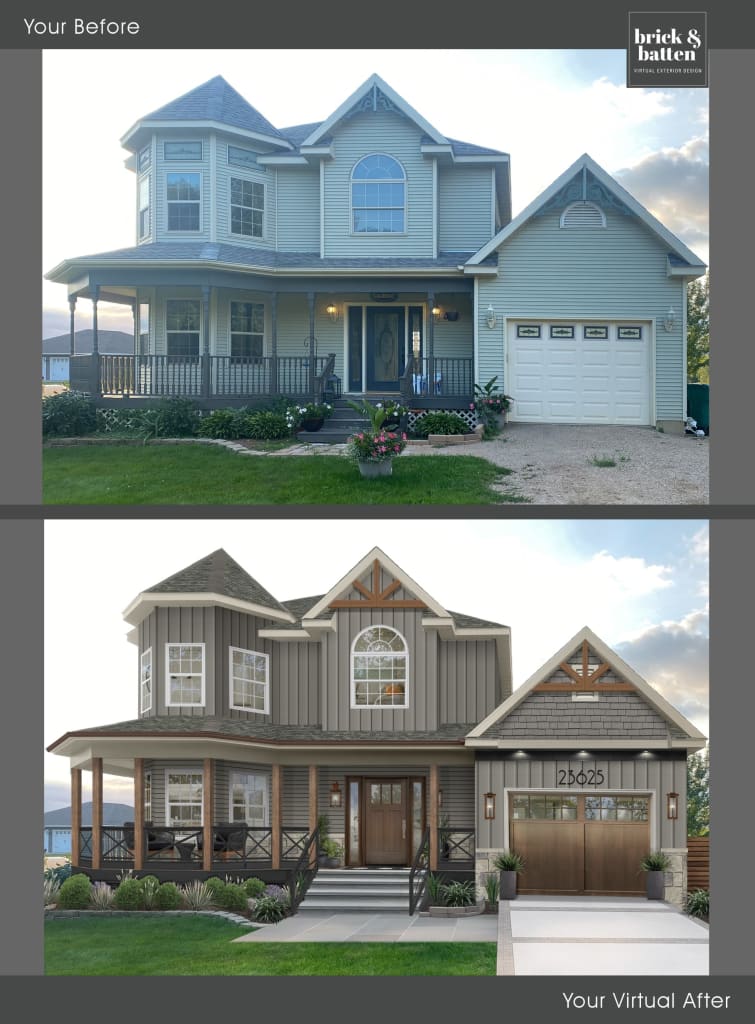 Before and after of a home with gable brackets and updated siding
