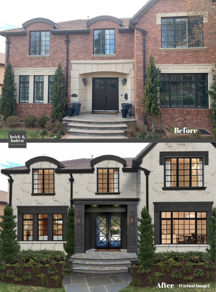 Before and after of a two-story traditional brick home with an updated double front door featuring glass panes with an X detail