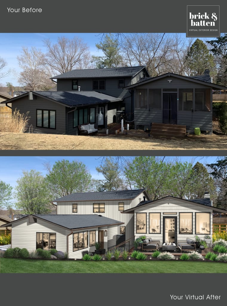A before and after photo of the back of a home with a small deck