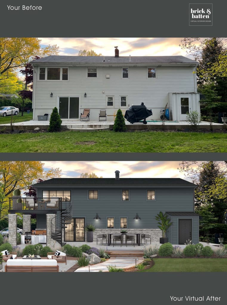 Rear exterior of a home rendered with a new deep blue siding color