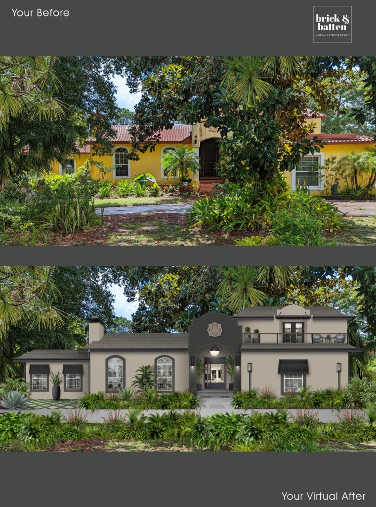 before and after of a mediterranean house with balcony