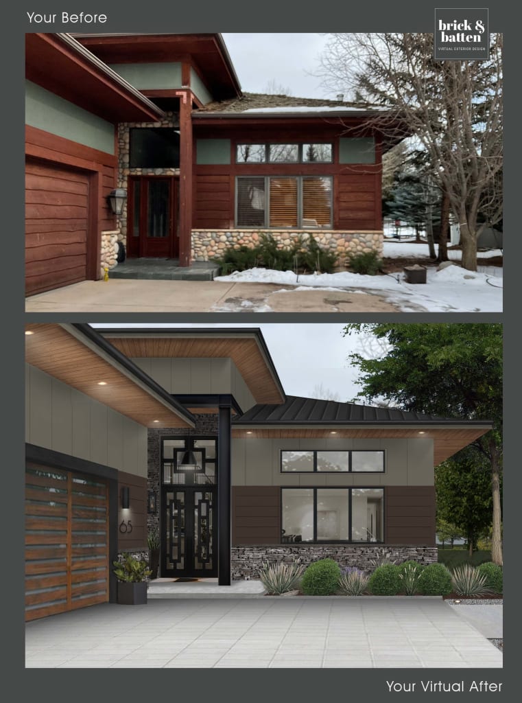 before-and-after rendering of a modern rustic house with exterior double doors