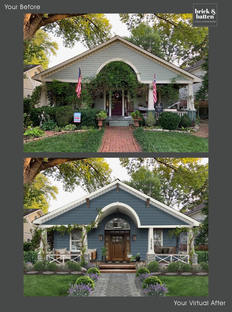 before and after rendering of a charming house with navy siding and a wood front door