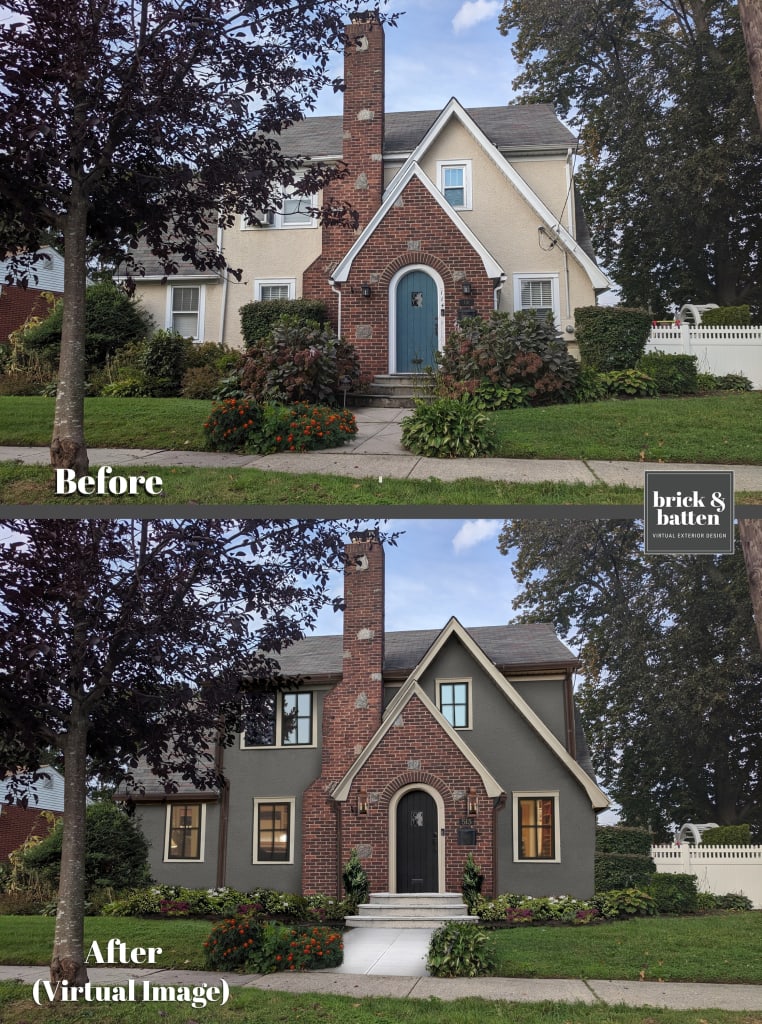 before and after virtual rendering of a cottage style tudor home with chimney